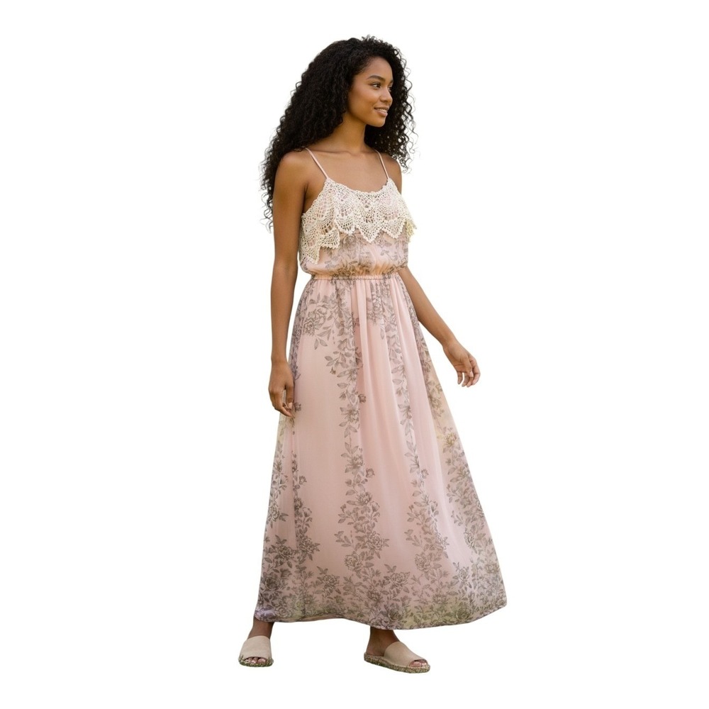 Miley + Molly Pink Floral Maxi Dress Crochet Lace Trim Boho Spaghetti Strap Med